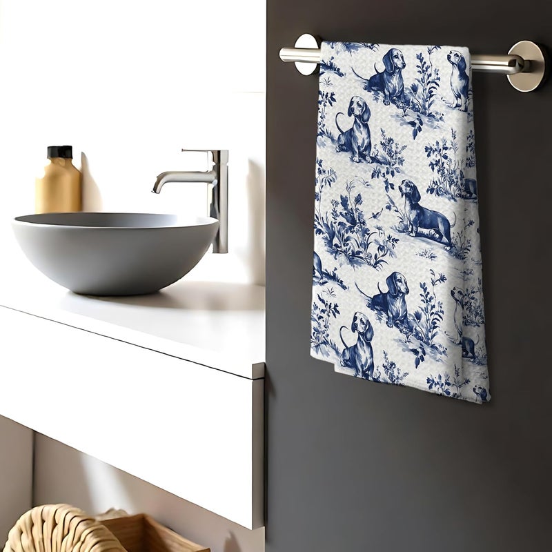 Nipil Chinoiserie Dachshund Floral Kitchen Towels, Blue and White Floral Botanical Dachshund Decorative Dish Tea Towels, Grandmillennial Weiner Dog Hand Towels for Kitchen Bathroom, 16x24 Inch - Image 3